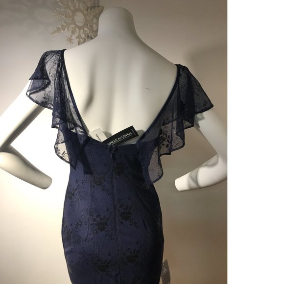 Le Chateau Blue Foil Sheer Lace Formal Bodycon Ruffle Off- Shoulder Dress NWT - Picture 5 of 5